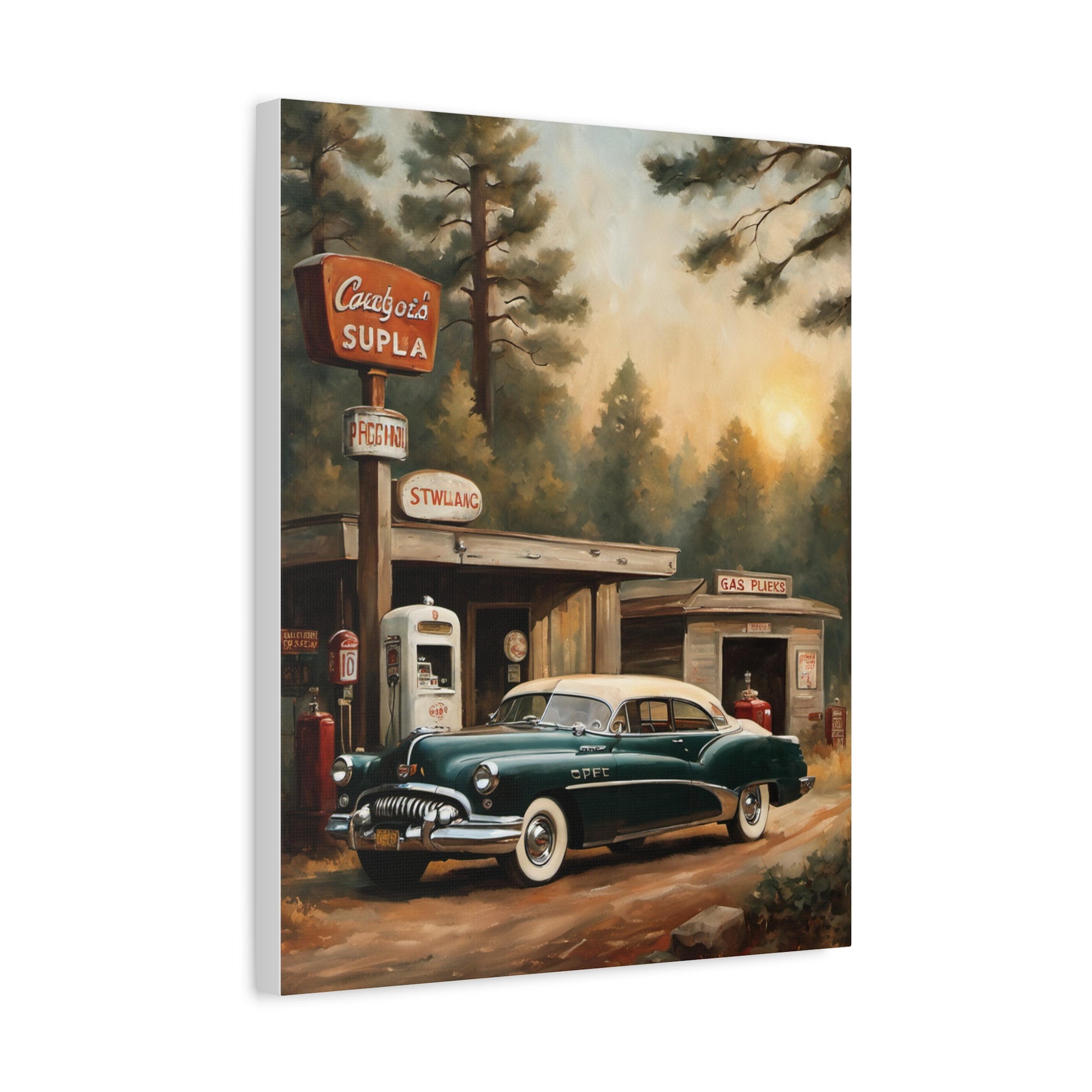 Vintage Car Canvas Print featuring a classic green car at a rustic gas station in a forested setting
