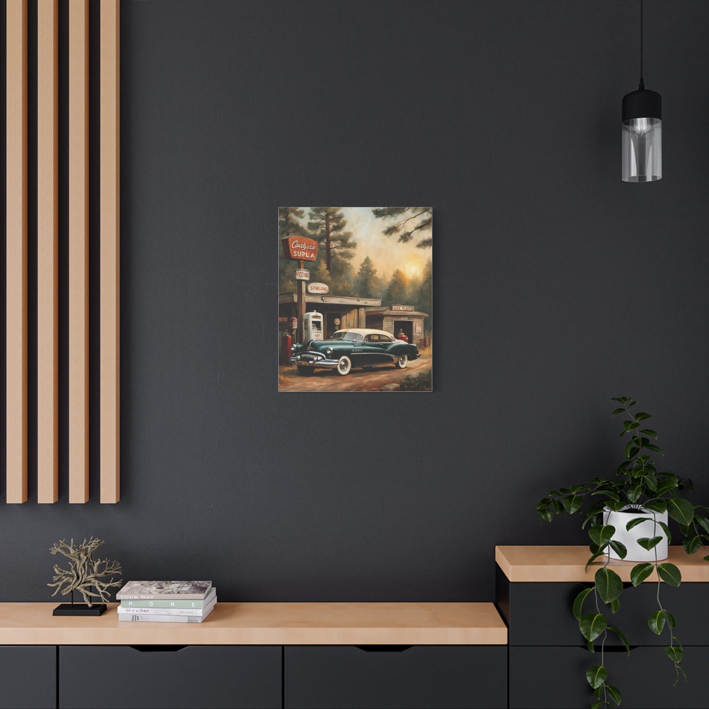 Vintage Car Canvas Print depicting a classic car at a retro gas station in a cozy setting