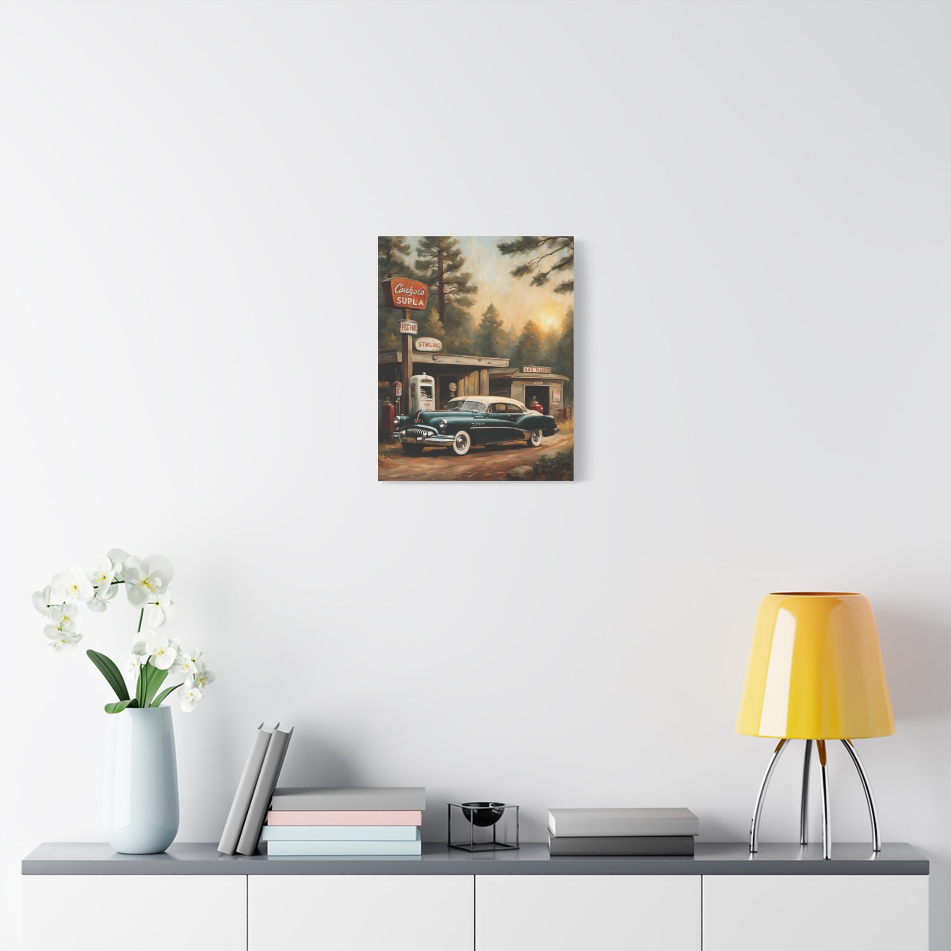 Vintage Car Canvas Print featuring a classic car at a gas station with a serene forest backdrop