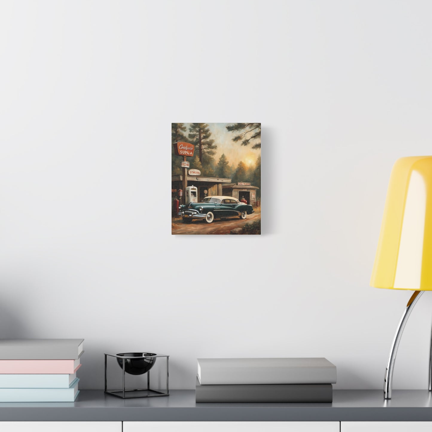 Vintage Car Canvas Print depicting a classic car at a nostalgic gas station in a serene setting