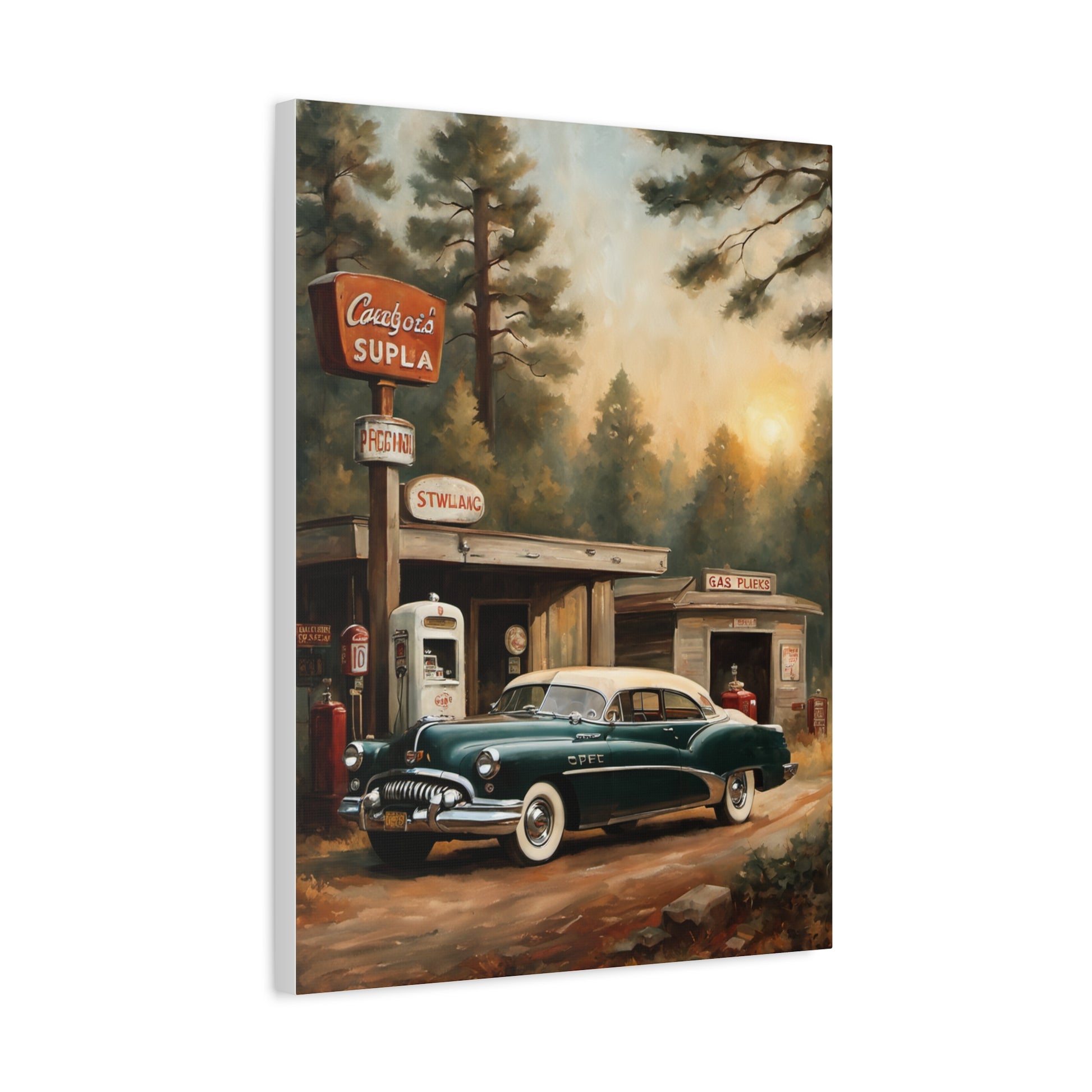 Vintage Car Canvas Print featuring a classic car at a gas station in a serene forest setting