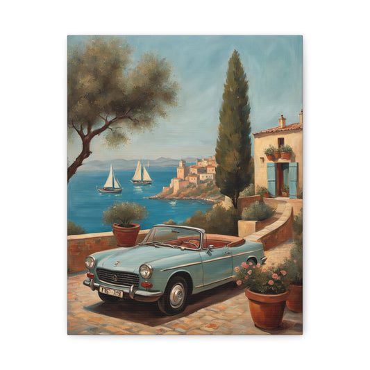 Vintage Car Canvas Print featuring a classic car by a coastal scene with sailboats and Mediterranean architecture