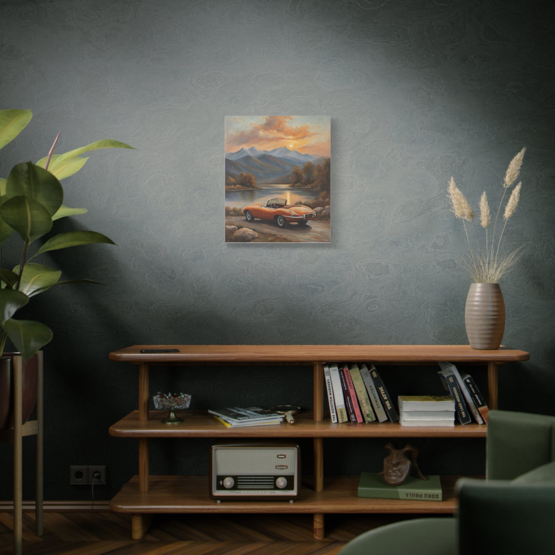 Vintage Car Canvas Print featuring a scenic mountain road at sunset, perfect for home decor