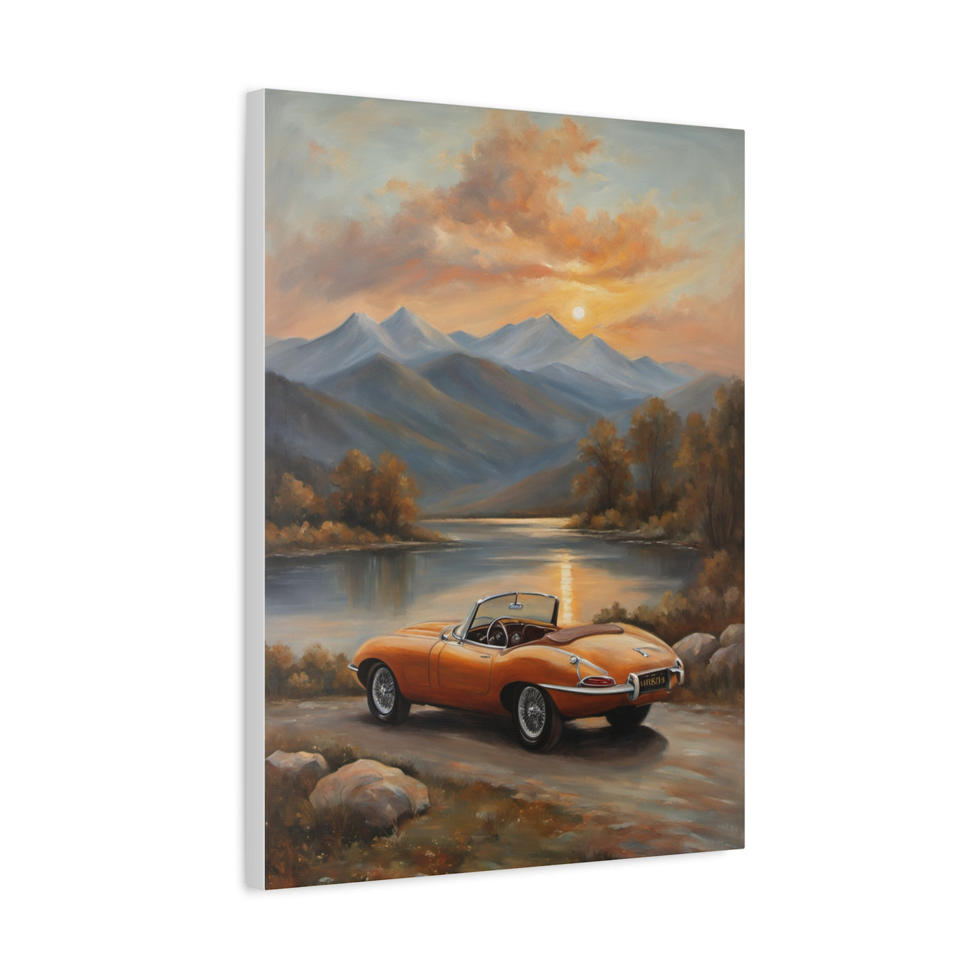 Vintage Car Canvas Print featuring an orange sports car by a serene lake with mountains at sunset