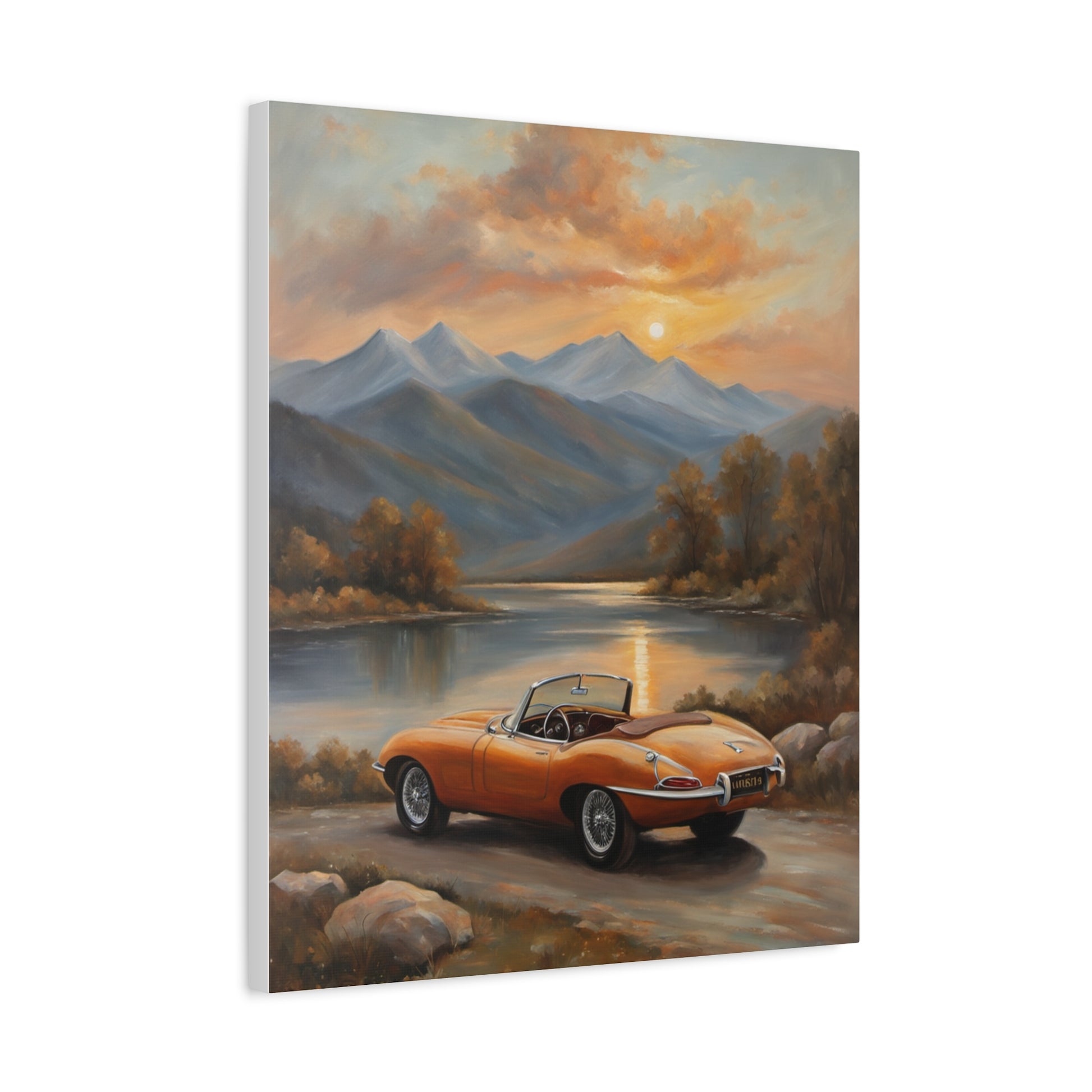 Vintage Car Canvas featuring an orange convertible by a serene lake at sunset