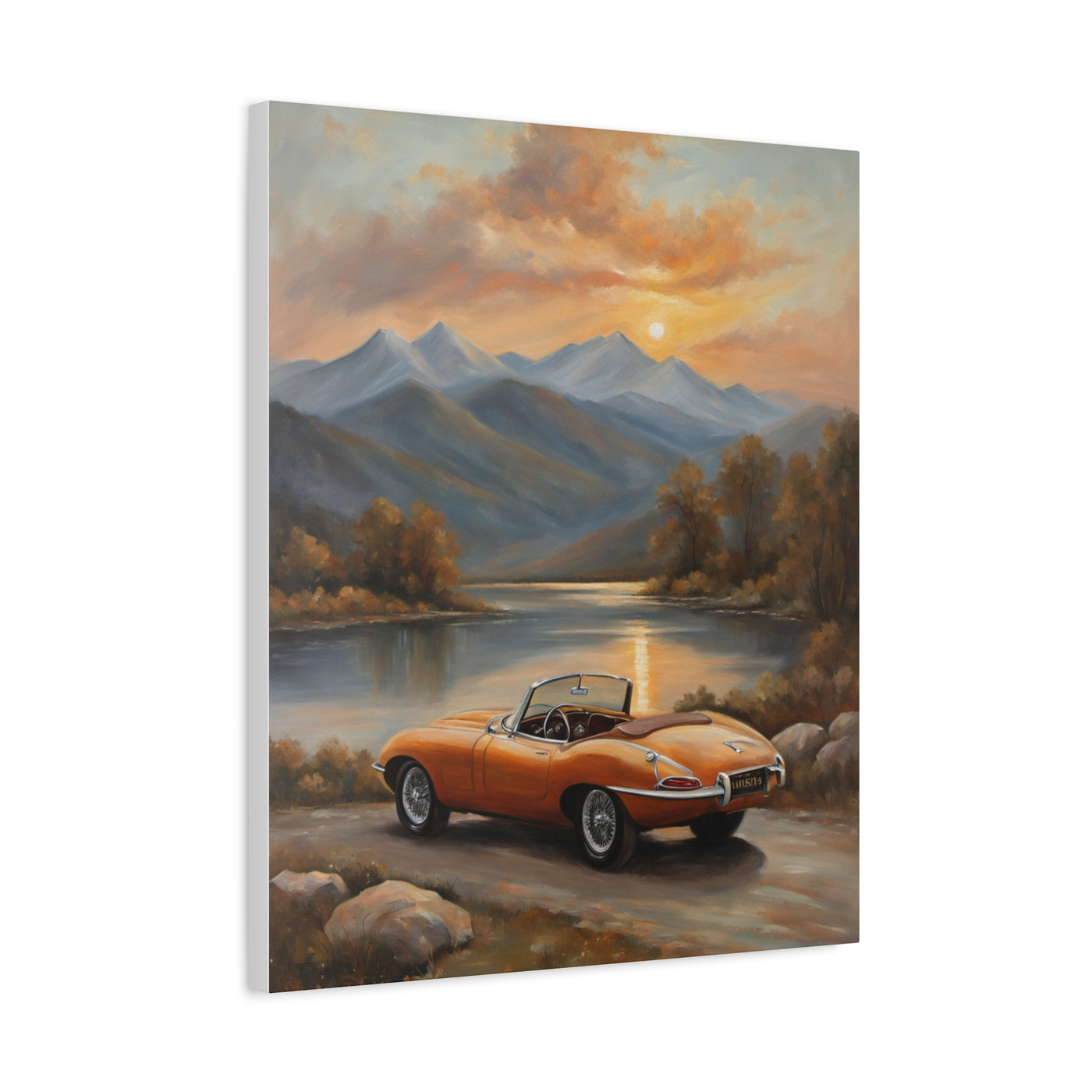 Vintage Car Canvas featuring an orange convertible by a serene lake at sunset