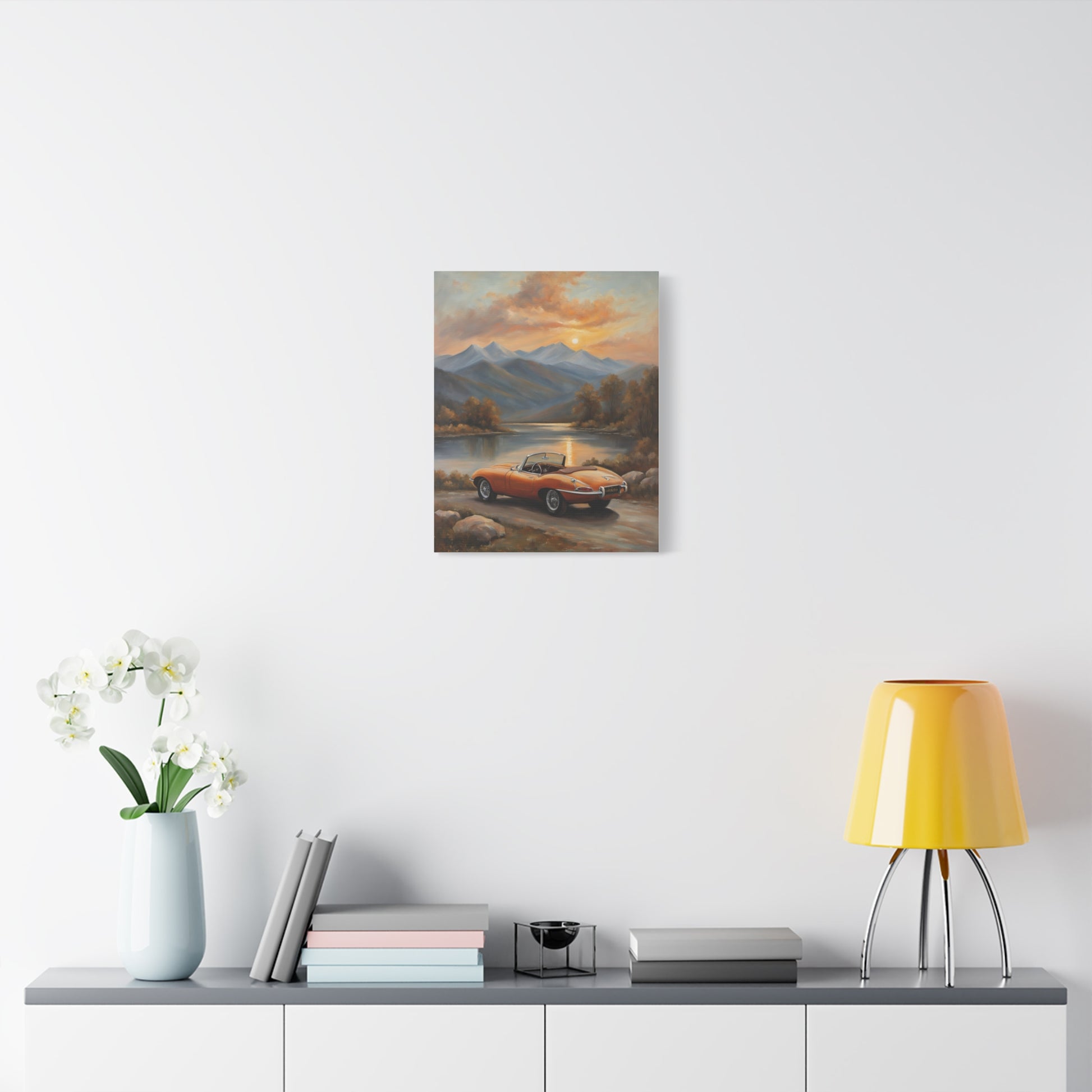 Vintage Car Canvas Print featuring a classic car against a scenic mountain landscape