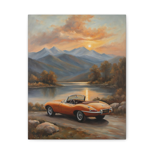 Retro Car Canvas Print featuring an orange convertible by a serene lake at sunset