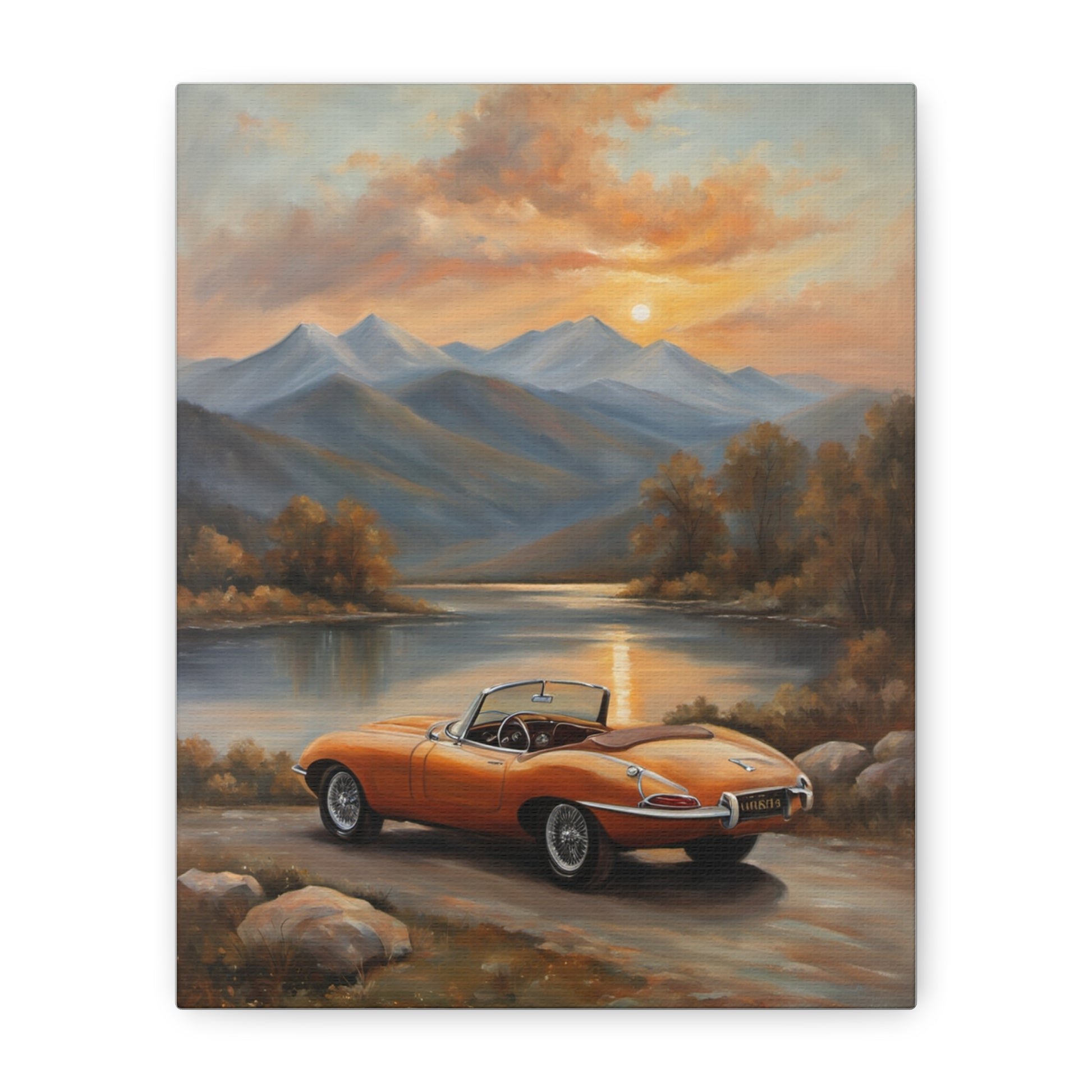 Vintage Car Canvas Print featuring an orange classic car by a scenic lake at sunset
