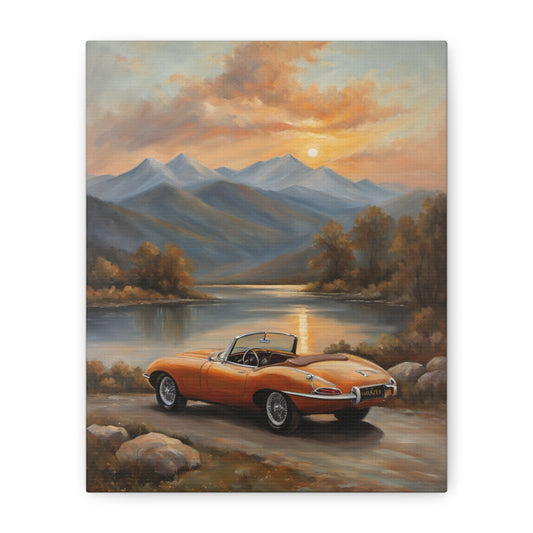Vintage Car Canvas Print featuring an orange classic car by a scenic lake at sunset