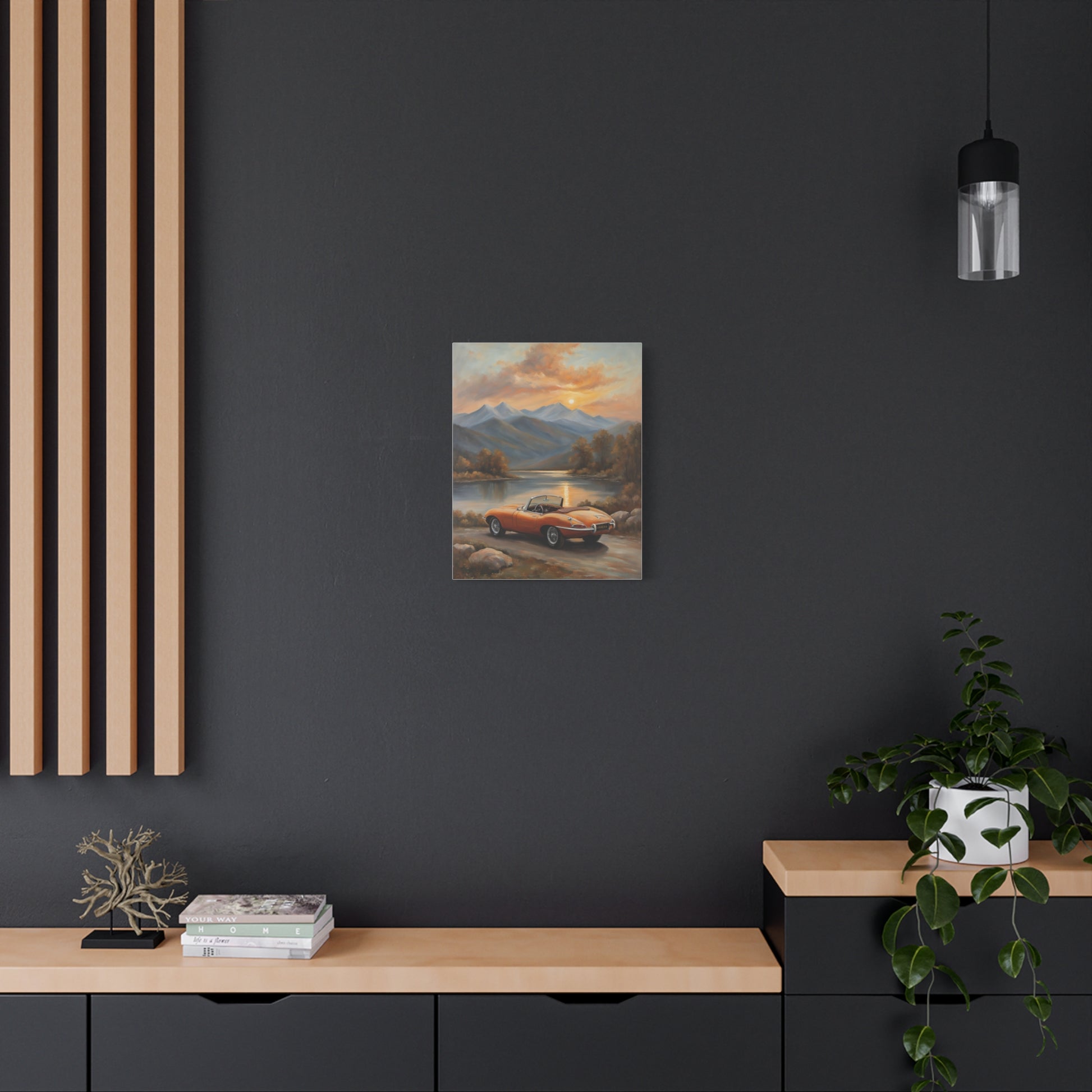 Vintage Car Canvas Print featuring a scenic sunset with a classic car against a mountain backdrop