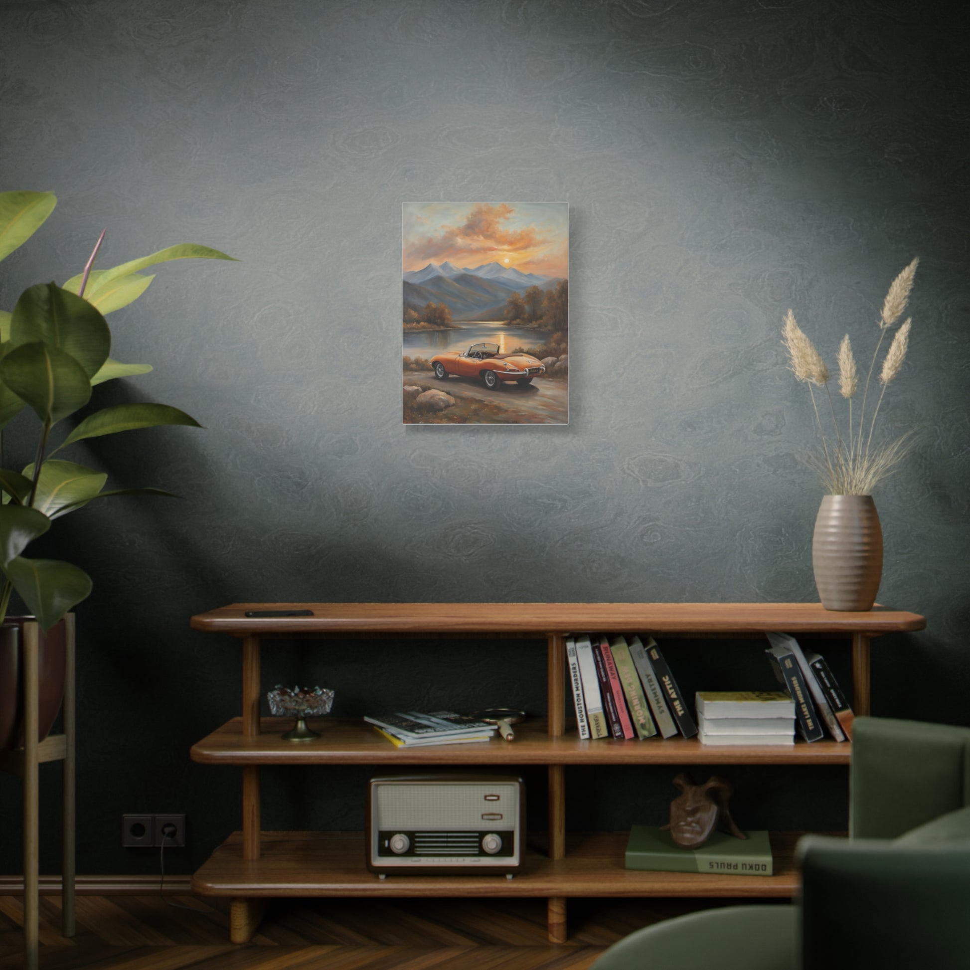 Vintage Car Canvas Print featuring a scenic landscape with mountains and a classic car at sunset