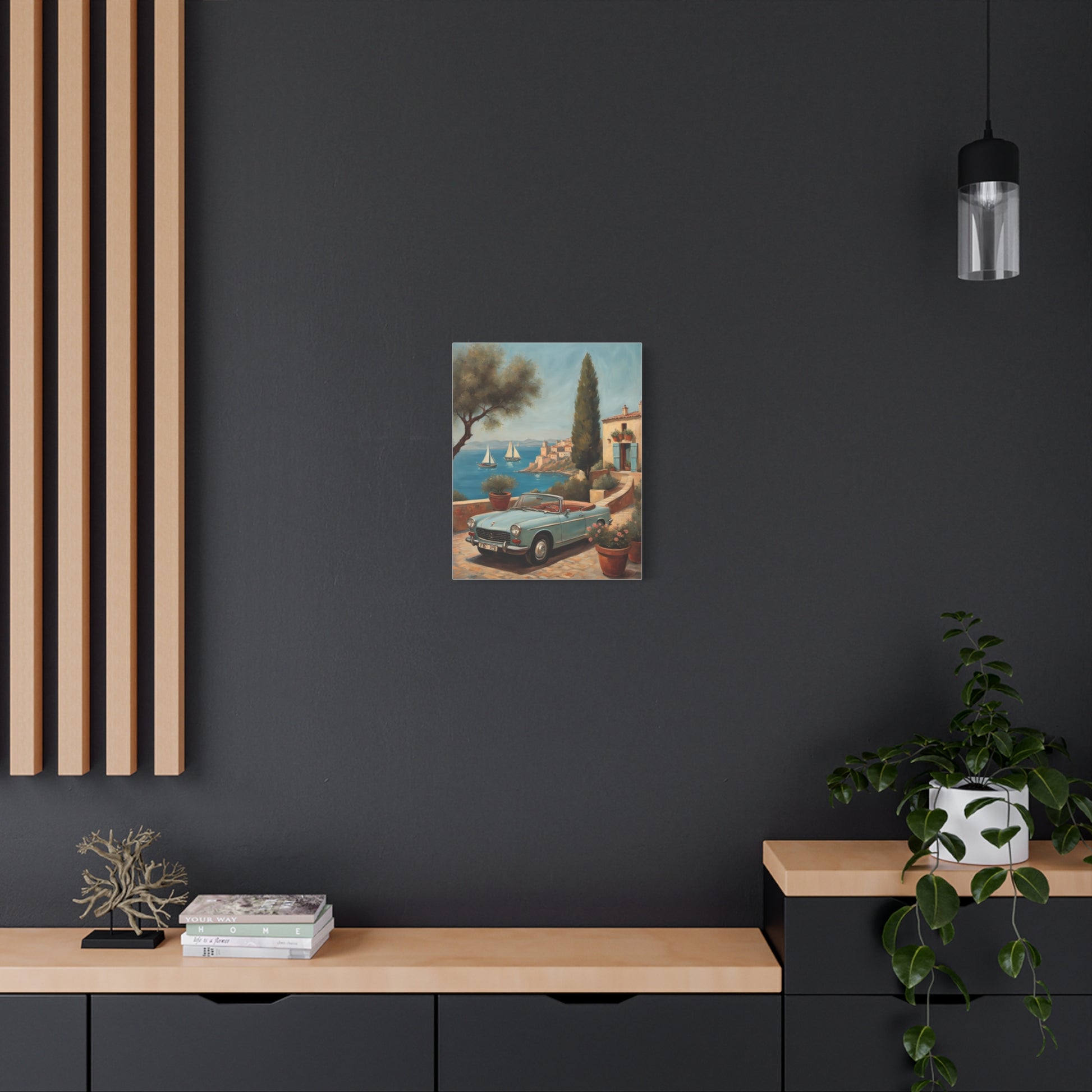 Vintage Car Canvas Print featuring a classic car beside a scenic outdoor setting