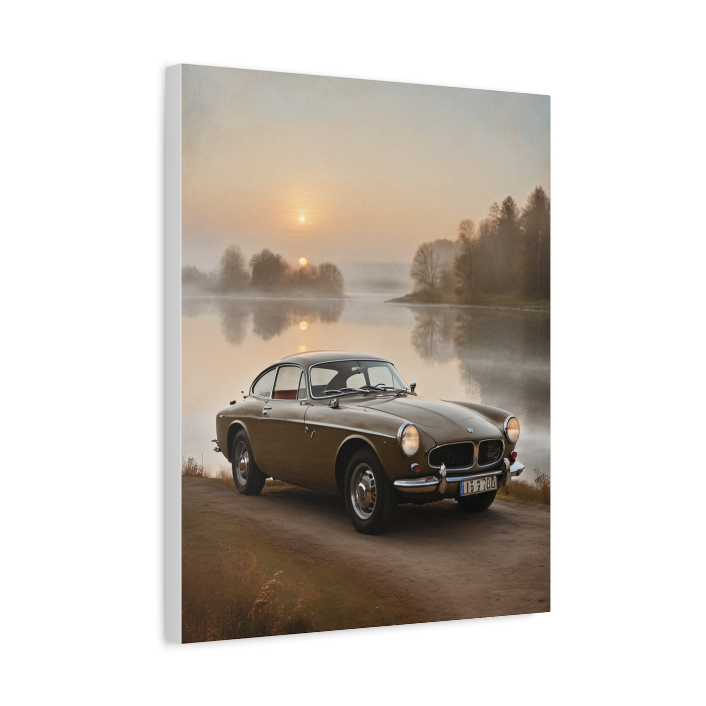 Vintage Car Canvas featuring a nostalgic automobile by a serene lake at sunrise