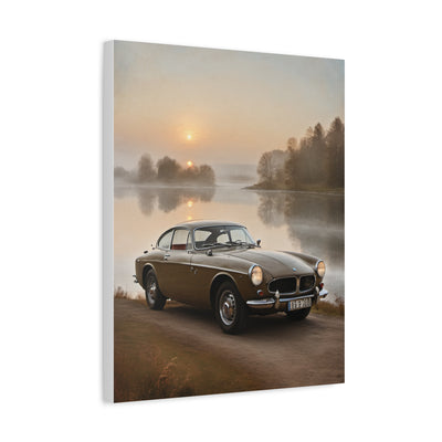 Vintage Car Canvas featuring a nostalgic automobile by a serene lake at sunrise