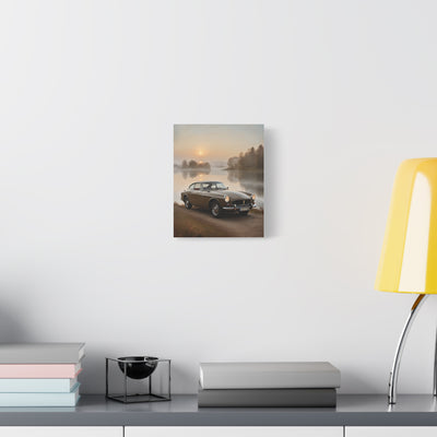 Vintage Car Canvas featuring a classic automobile by a serene lakeside at sunrise