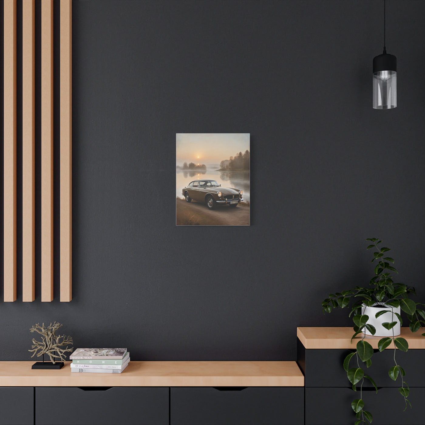 Vintage Car Canvas featuring a classic car by a serene lake at sunset, perfect for home decor