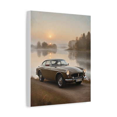 Vintage Car Canvas depicting a classic car by a serene river at sunrise