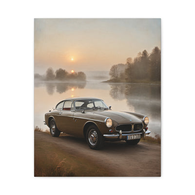 Vintage Car Canvas featuring a classic vehicle near a serene lake at sunrise