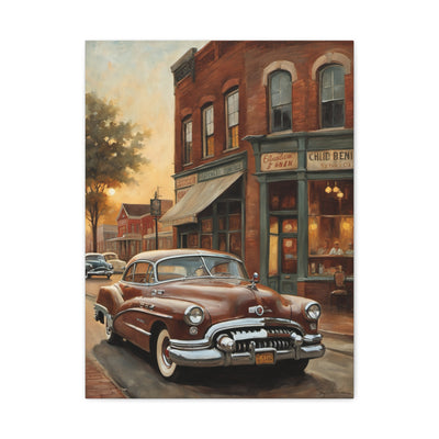 Vintage Car Canvas Wall Art featuring a classic car parked in front of a vintage storefront