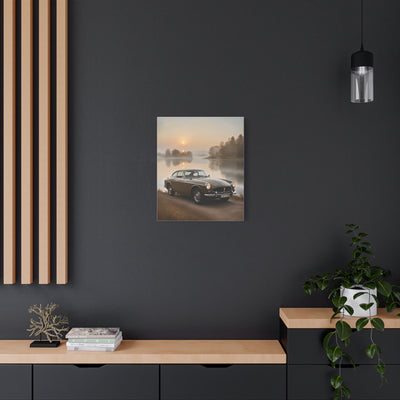 Vintage Car Canvas featuring a classic car near a serene lake at sunset
