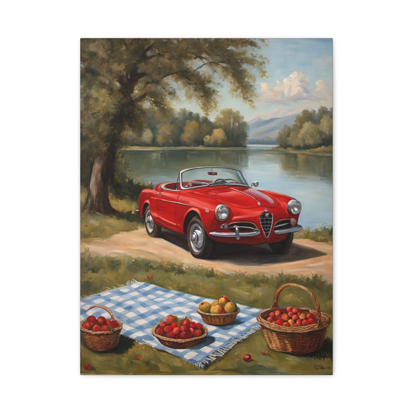 Vintage Car Canvas Wall Art featuring a red convertible parked by a scenic riverside picnic