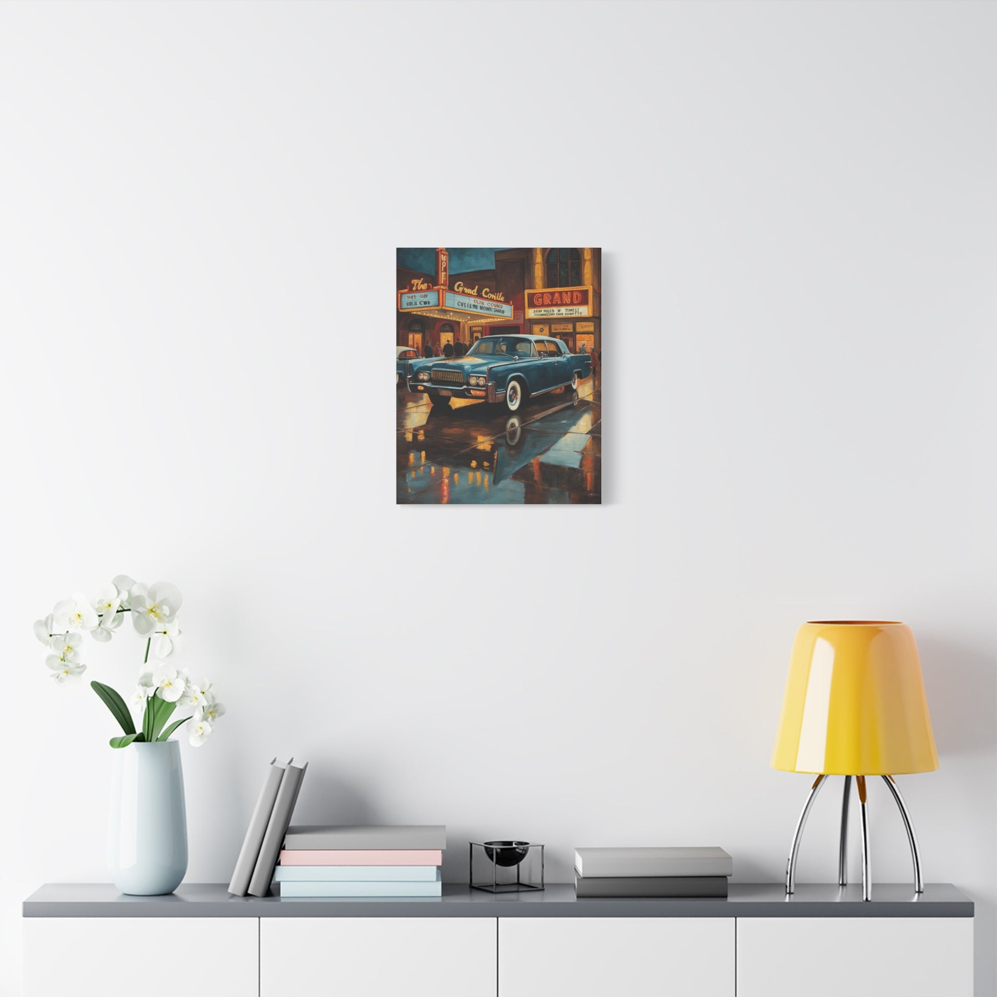 Vintage Car Canvas Wall Art featuring a classic car displayed in a vibrant urban setting