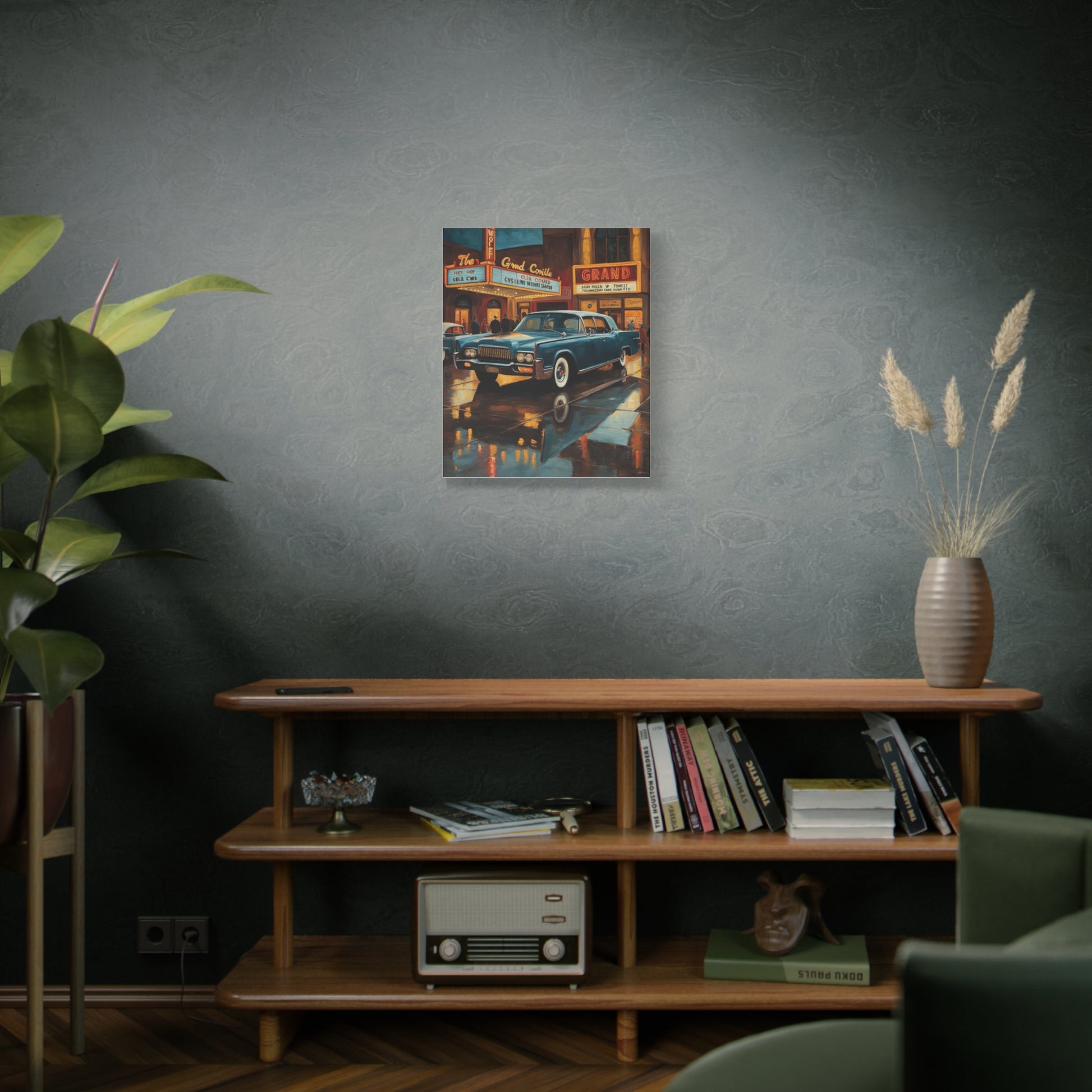 Vintage Car Canvas Wall Art featuring a classic car against a retro city backdrop