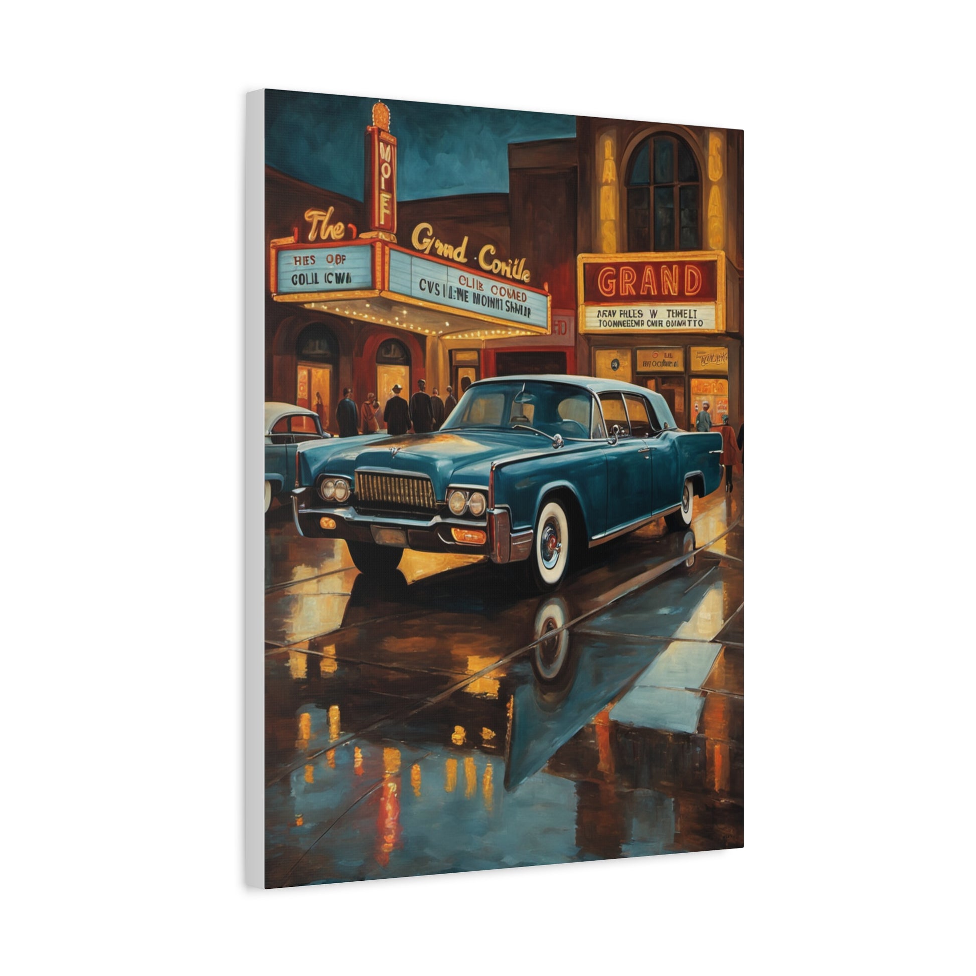 Vintage Car Canvas Wall Art featuring a classic blue car in front of a historic theater at night