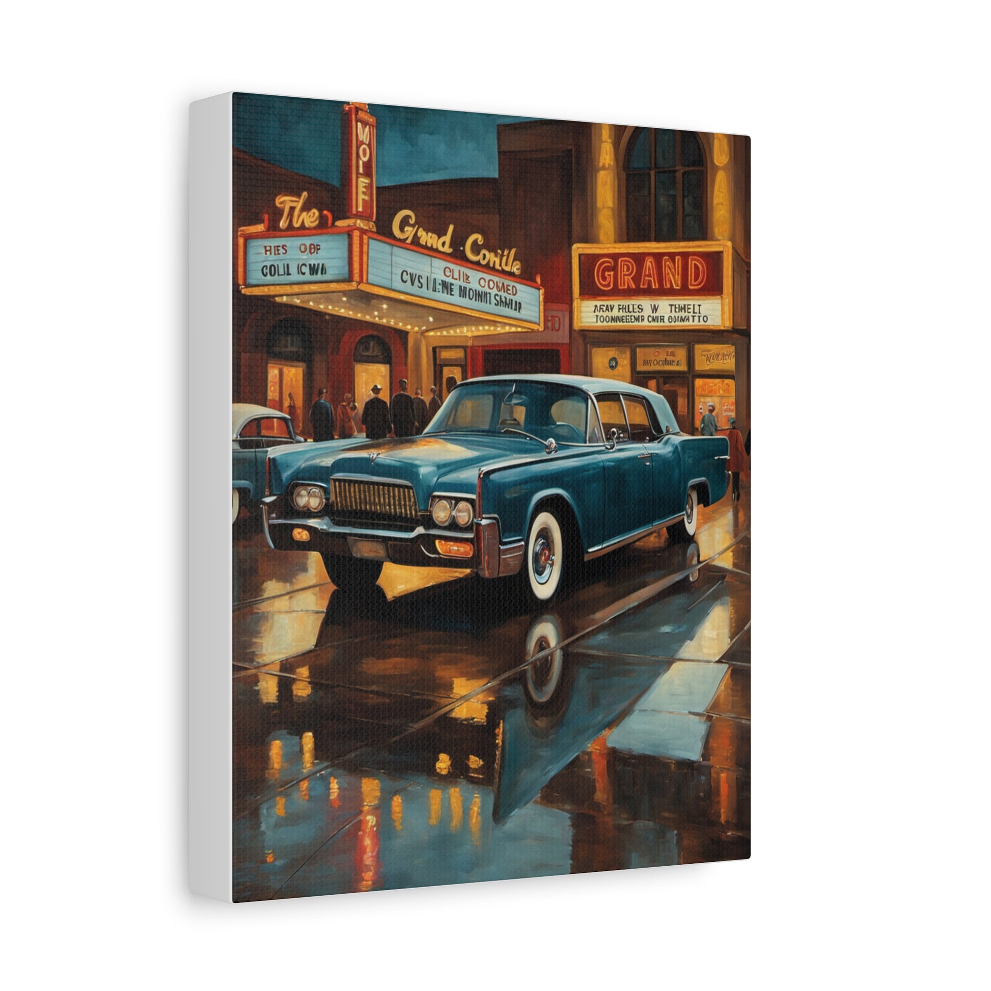 Vintage Car Canvas Wall Art featuring a classic car in a vibrant urban setting with reflections on wet pavement