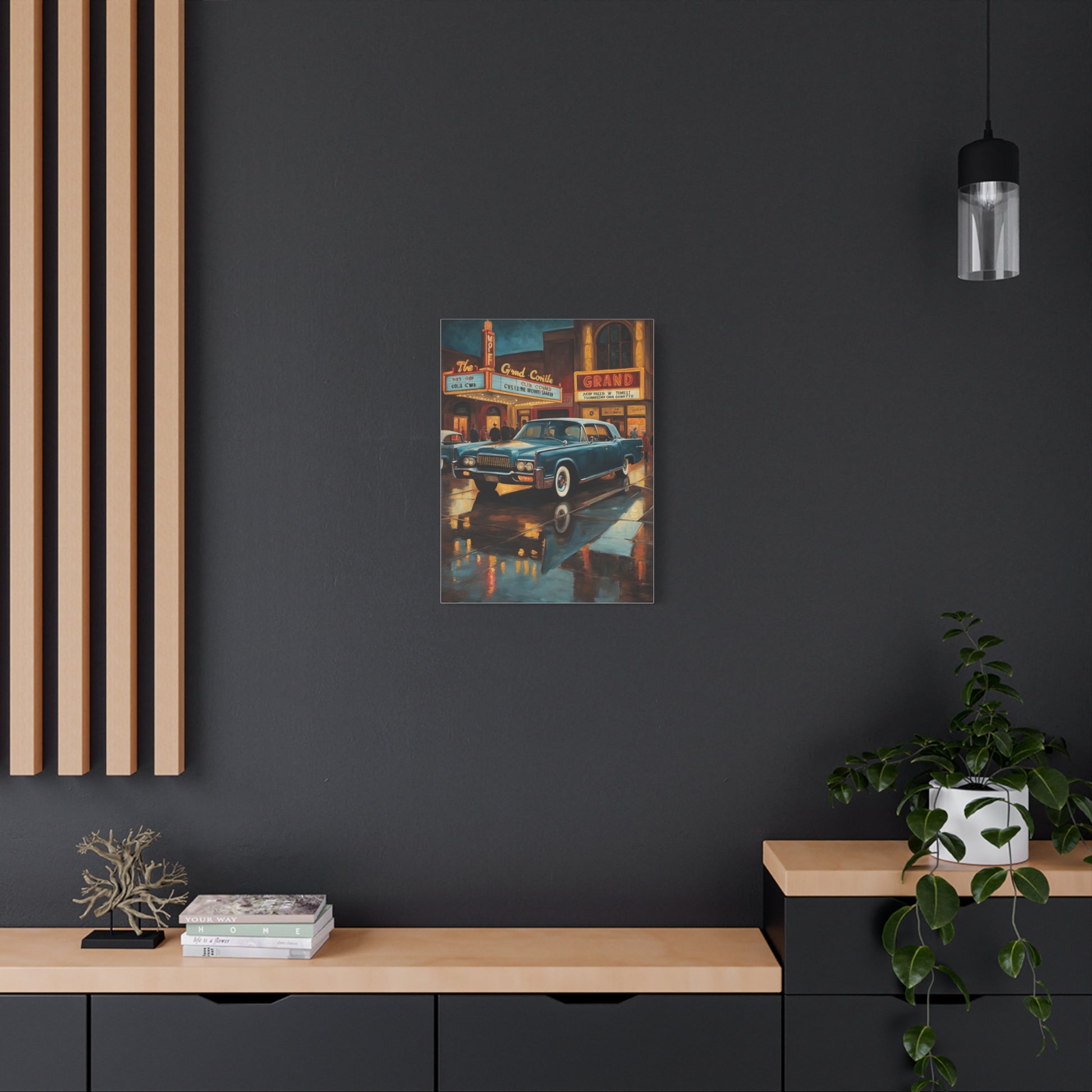 Vintage Car Canvas Wall Art featuring a classic car in a city scene with vibrant colors