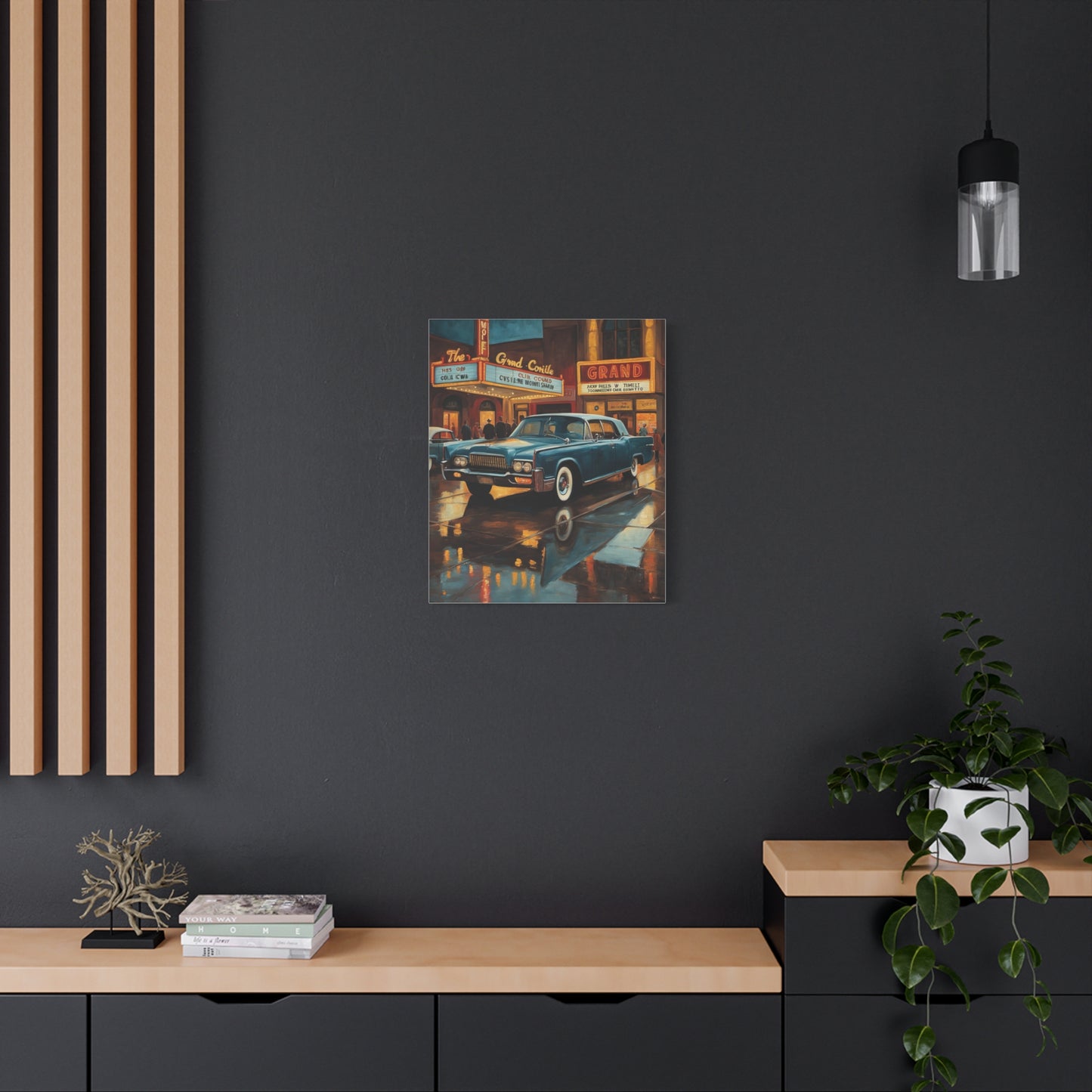 Vintage Car Canvas Wall Art featuring classic cars displayed on a dark gray wall