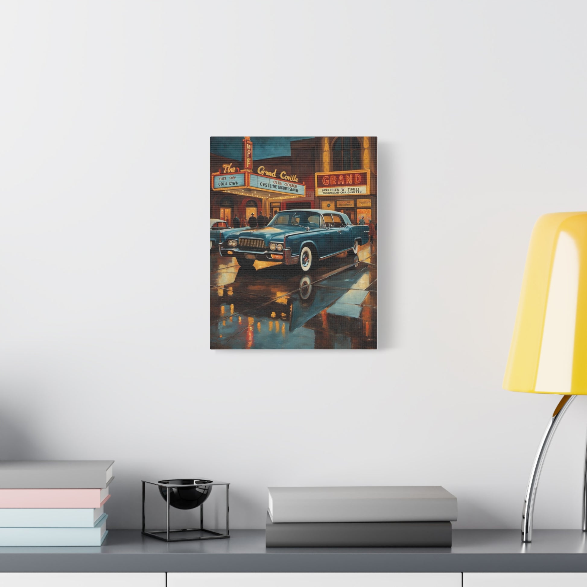 Vintage Car Canvas Wall Art featuring a classic car in a vibrant urban scene