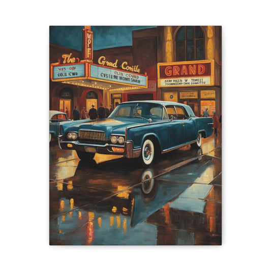 Vintage Car Canvas Wall Art featuring a classic blue car in front of a vintage theater at night