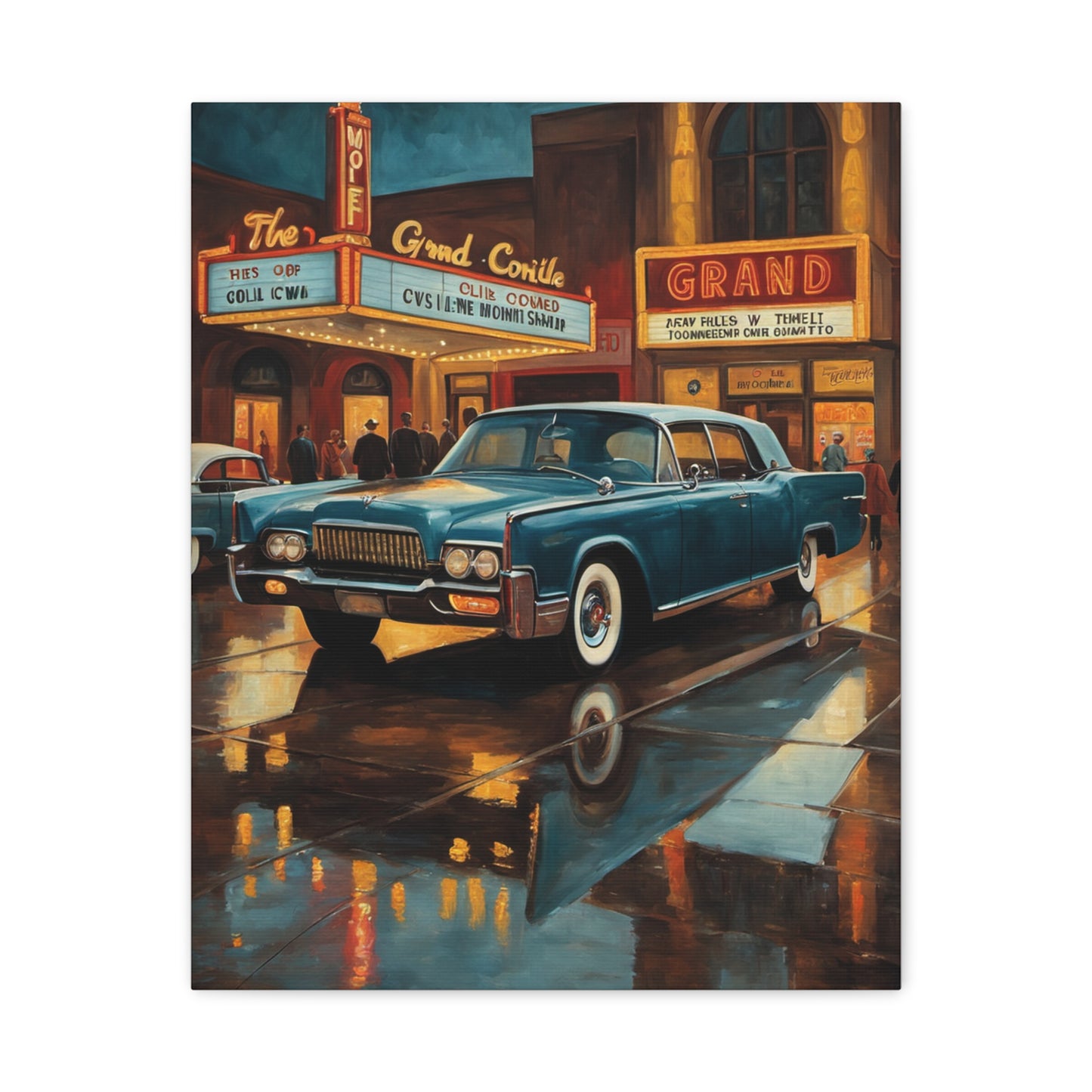 Vintage Car Canvas Wall Art featuring a classic car parked outside a theater with neon lights