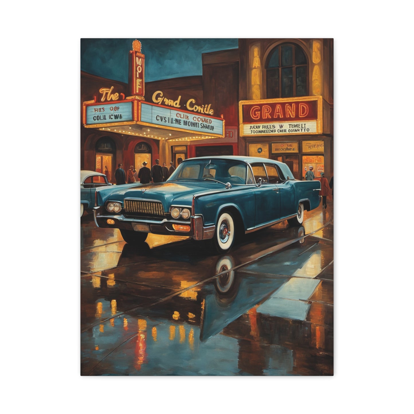 Vintage Car Canvas Wall Art featuring a classic blue car parked in front of a theater at night