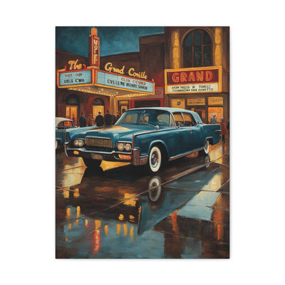 Vintage Car Canvas Wall Art featuring a classic blue car parked in front of a theater at night