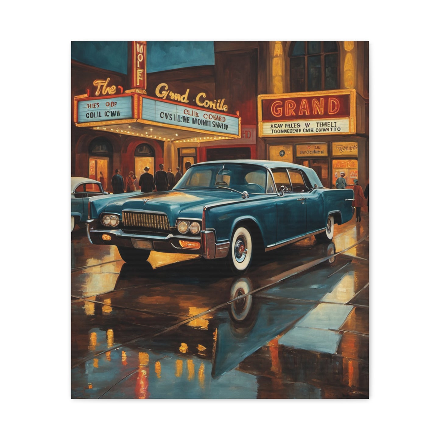Vintage Car Canvas Wall Art featuring a classic car illuminated by theater lights and rain-soaked streets