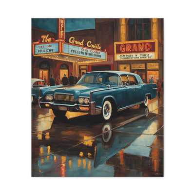 Vintage Car Canvas Wall Art featuring a classic car illuminated by theater lights and rain-soaked streets