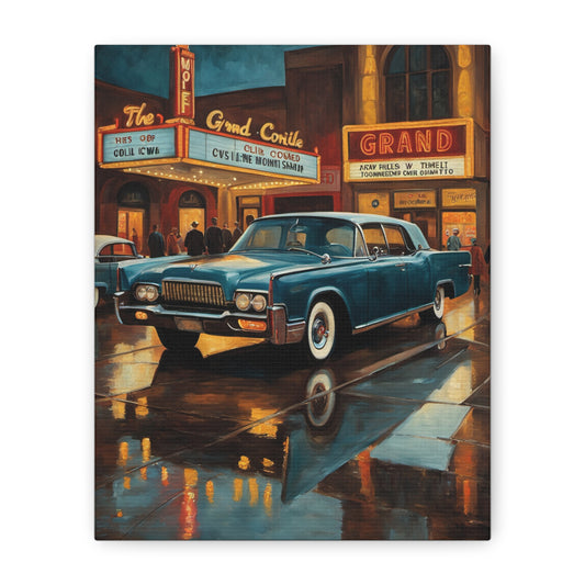 Vintage Car Canvas Wall Art featuring a classic car on a rainy street with vibrant city lights
