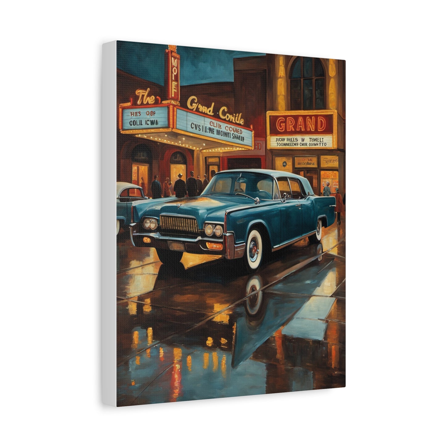 Vintage Car Canvas Wall Art featuring a classic car in front of a vintage theater at night