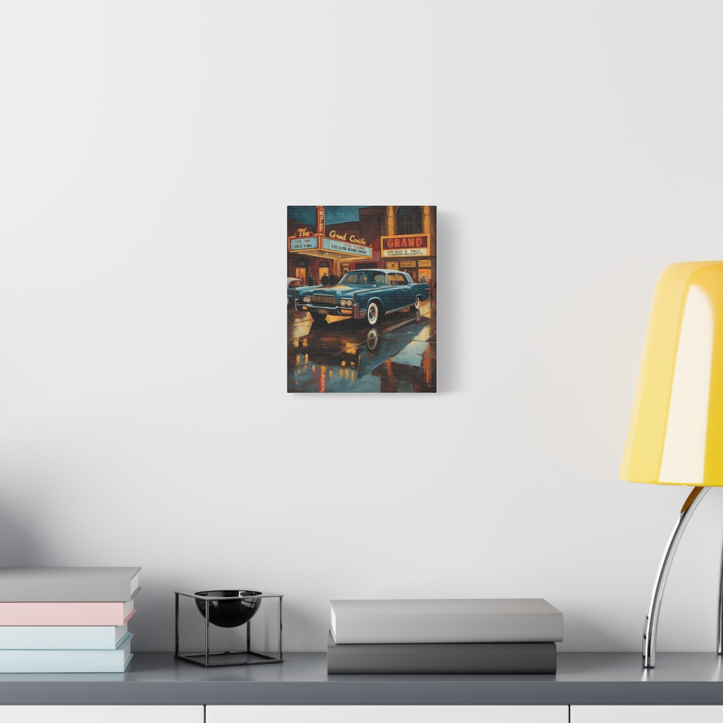 Vintage Car Canvas Wall Art featuring a classic car near a retro diner in a vibrant urban setting
