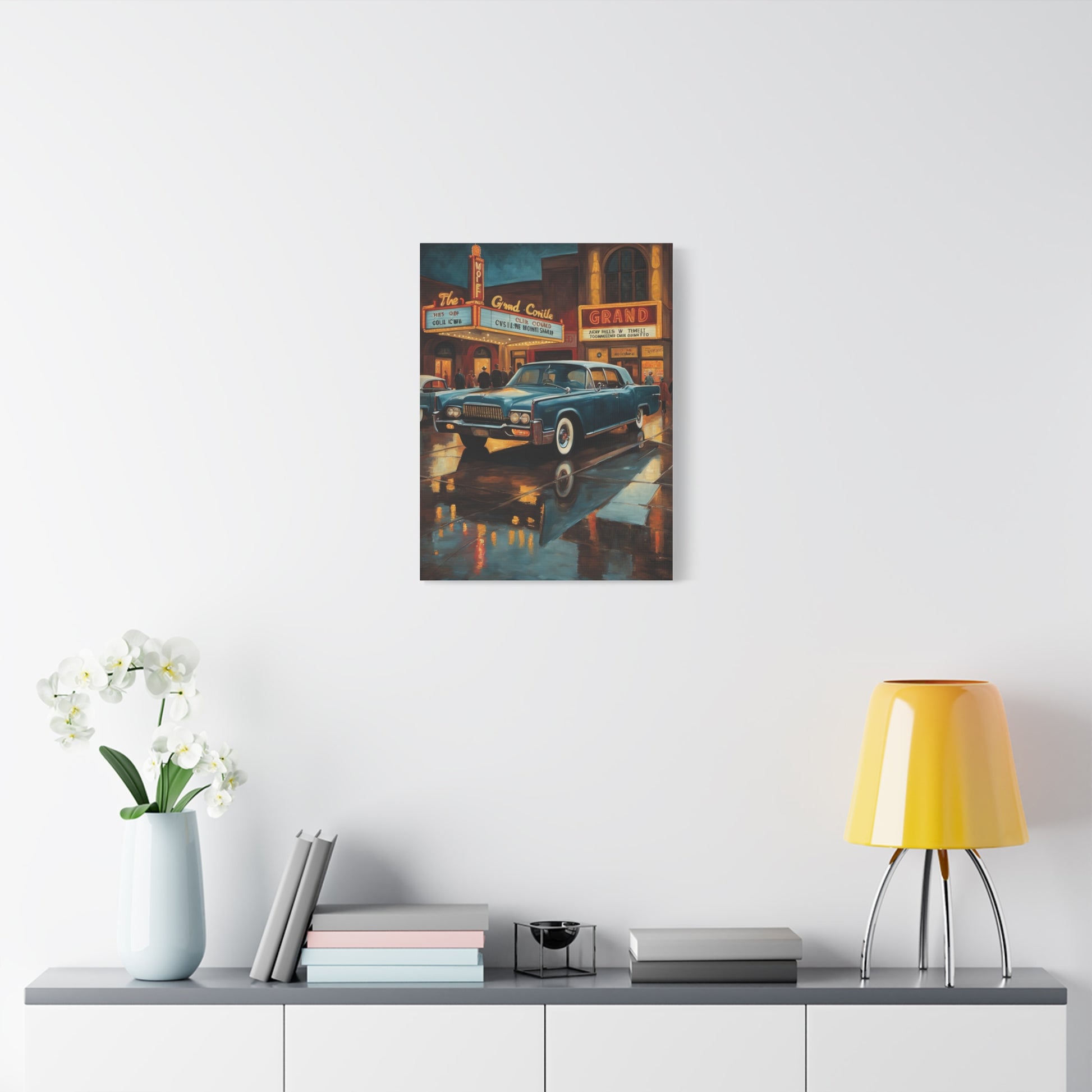 Vintage Car Canvas Wall Art featuring a classic car in a retro cityscape setting