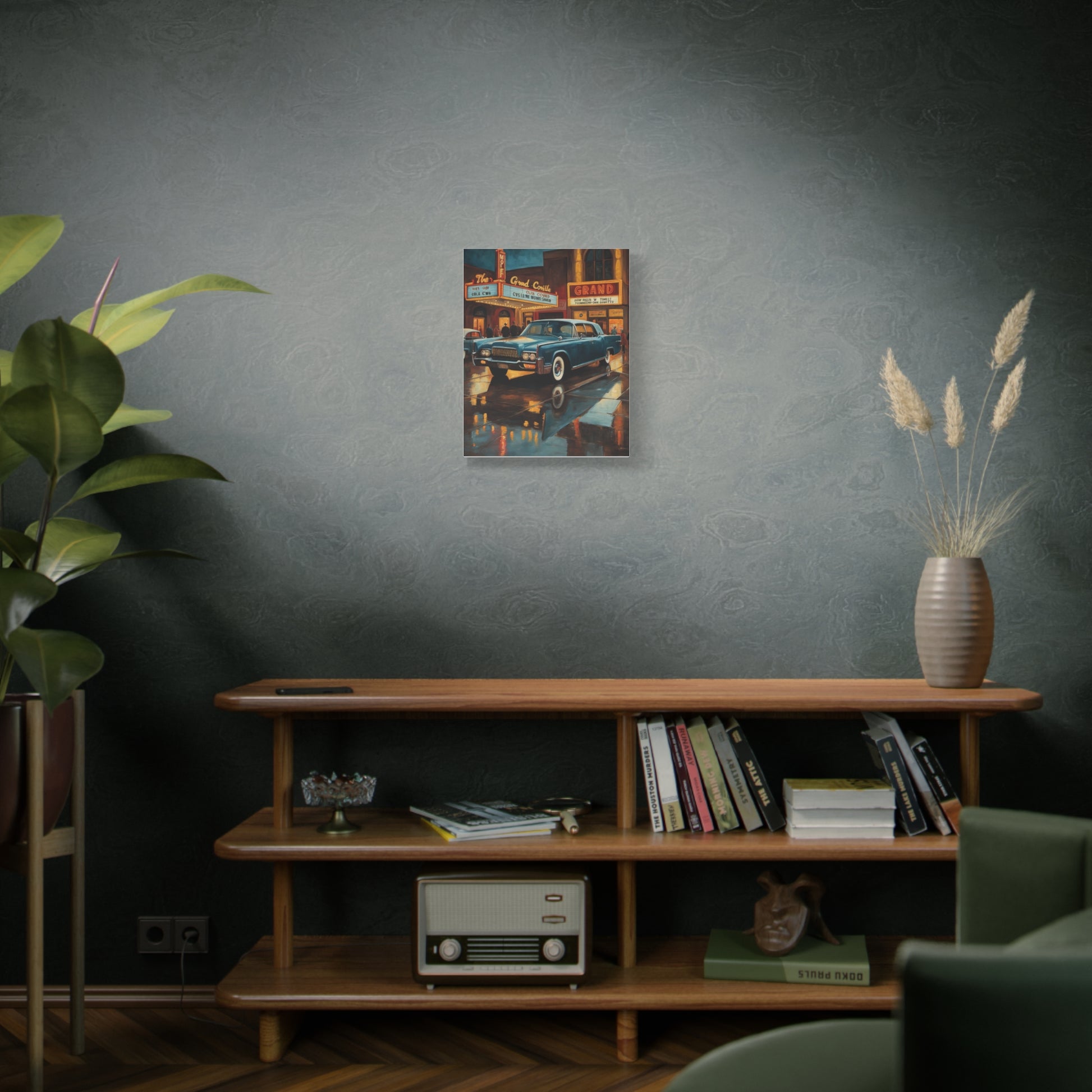 Vintage Car Canvas Wall Art featuring a classic car in an urban setting, perfect for home decor