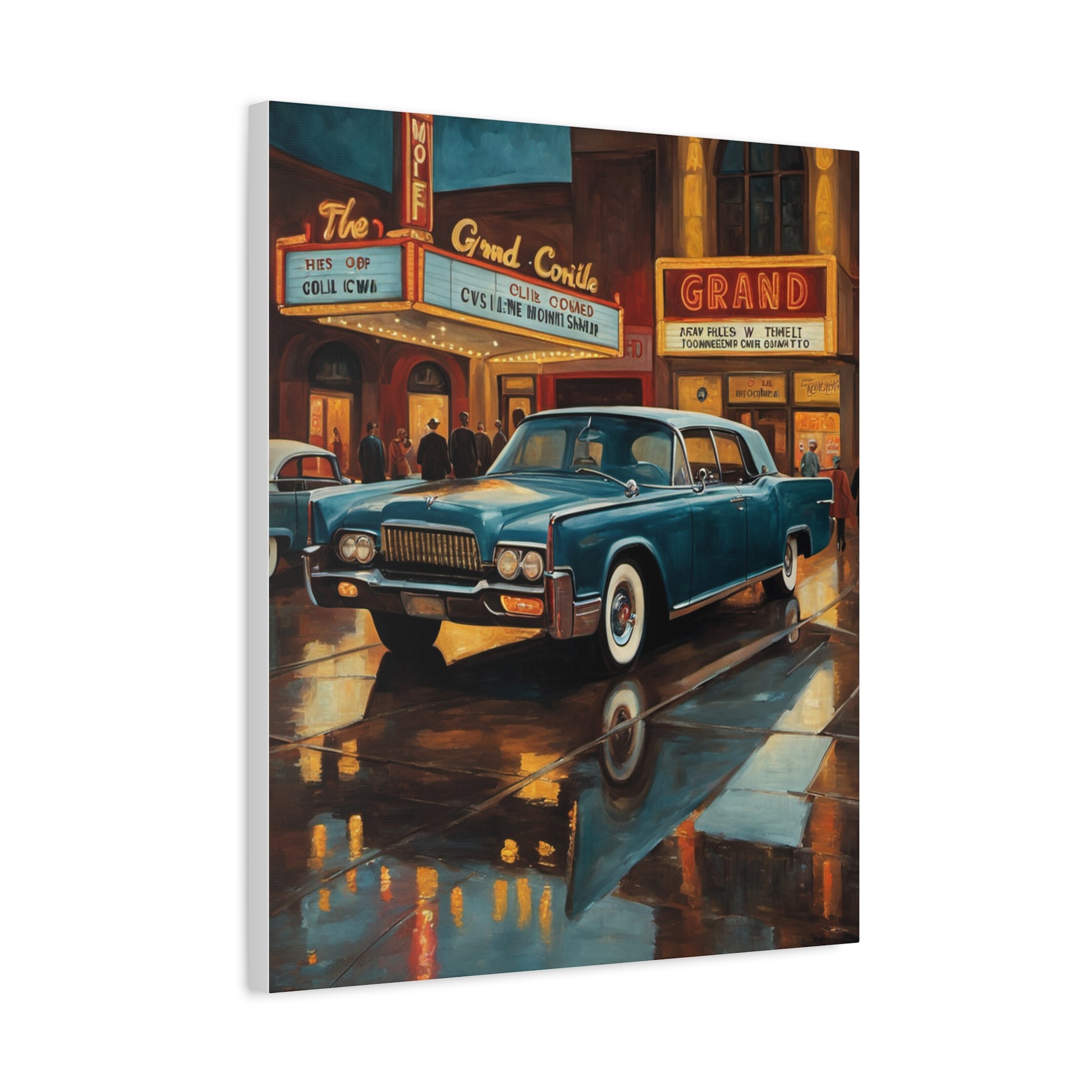 Vintage Car Canvas Wall Art depicting a classic blue car in a historic city setting at night