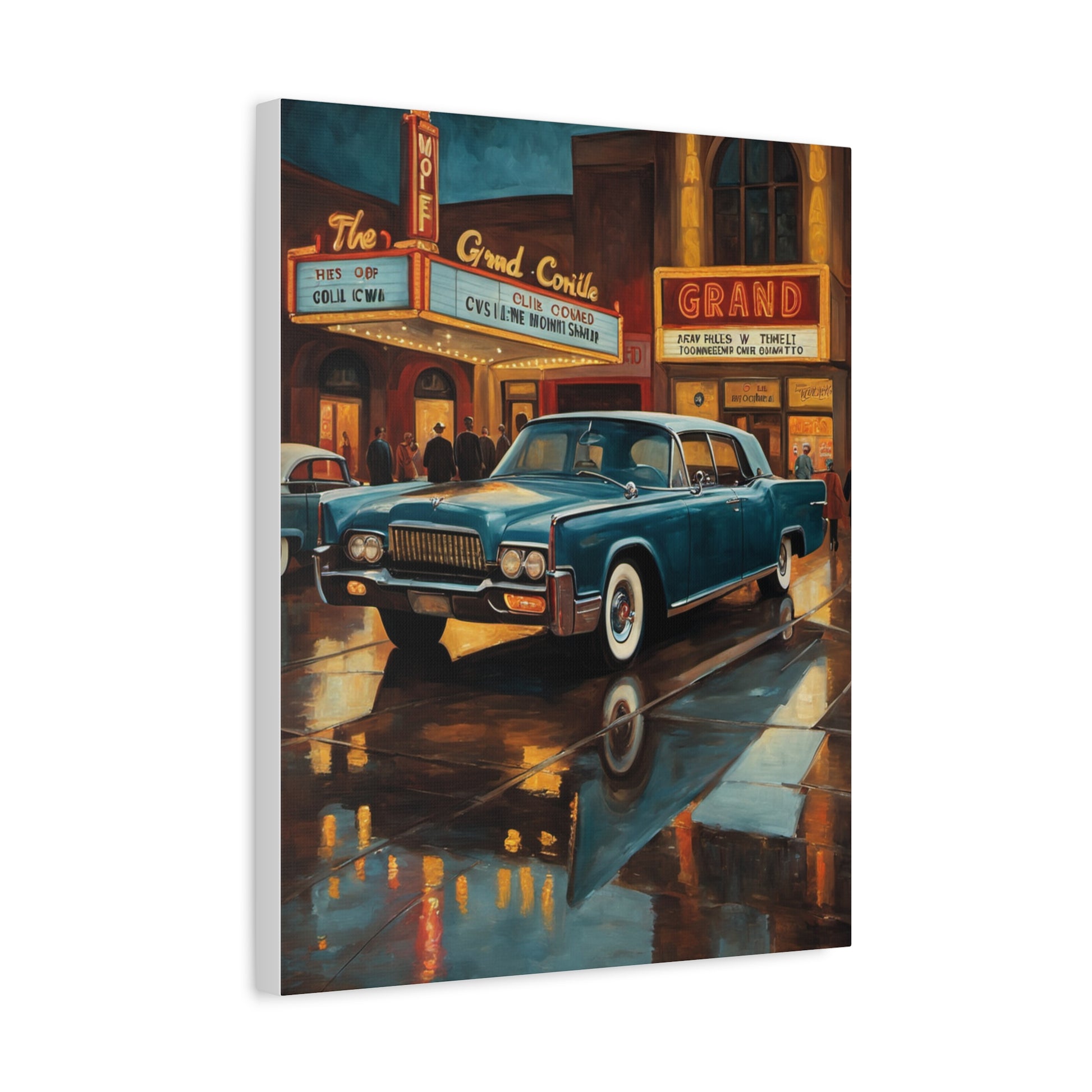Vintage Car Canvas Wall Art featuring a classic car in front of neon theater signs at night