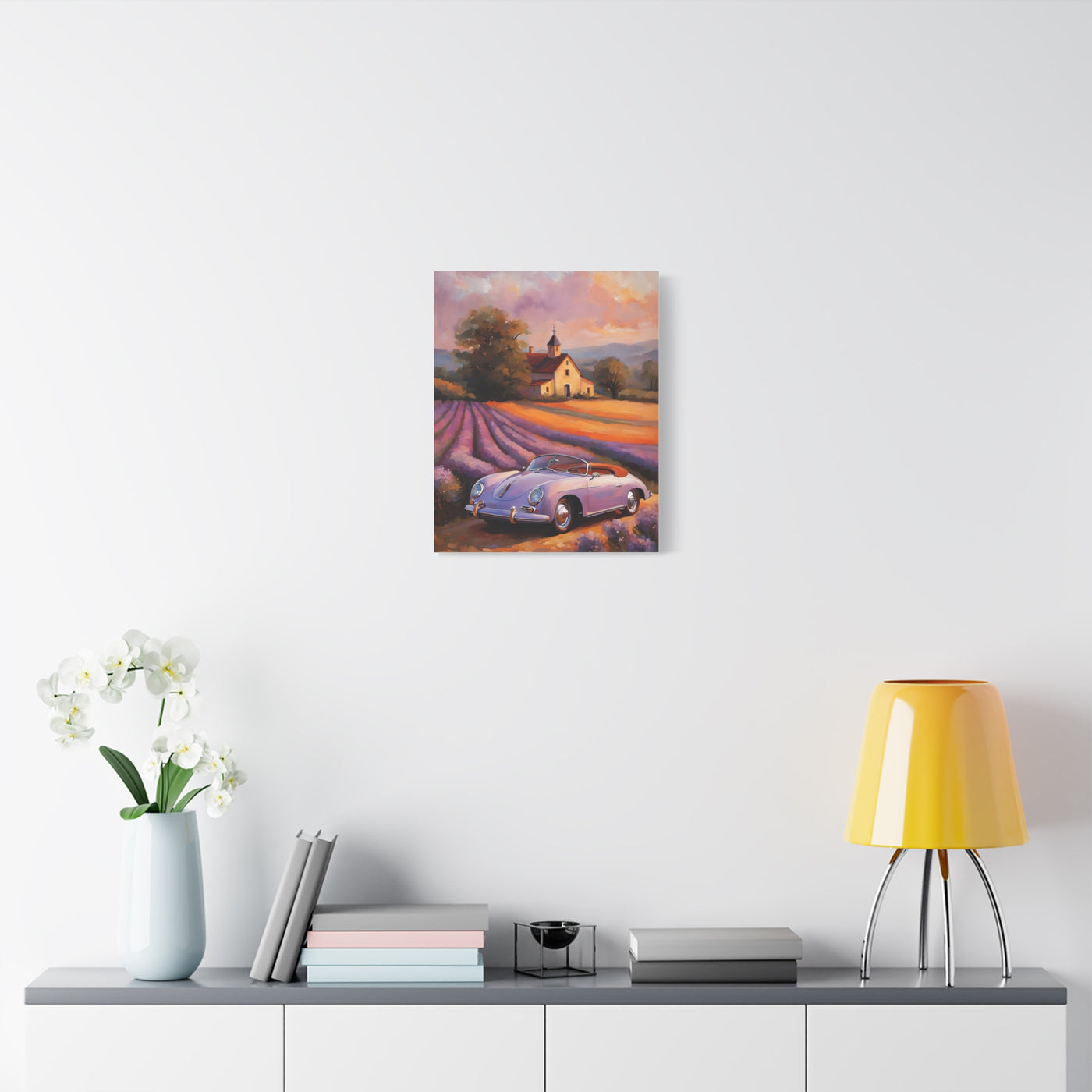 Vintage car canvas wall art featuring a classic car in a lavender field landscape