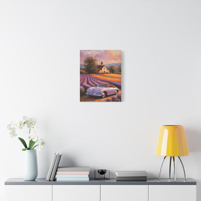 Vintage car canvas wall art featuring a classic car in a lavender field landscape