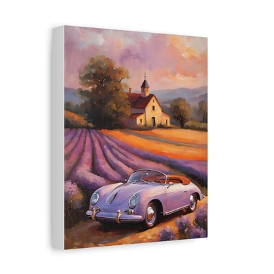 Vintage car canvas wall art featuring a classic car in a lavender field with a scenic background