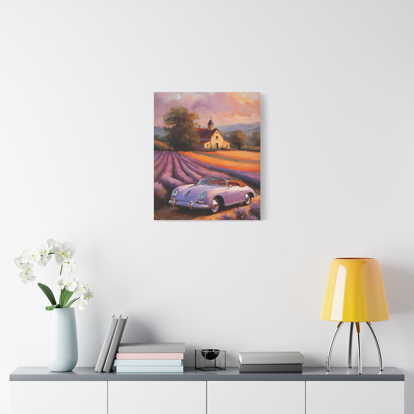 Vintage car canvas wall art featuring a classic car in a scenic lavender field